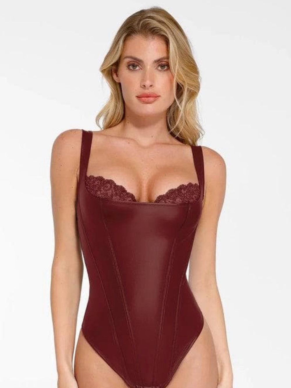 Shapewear Faux Leather Lace Balconette Sculpting Bodysuit
